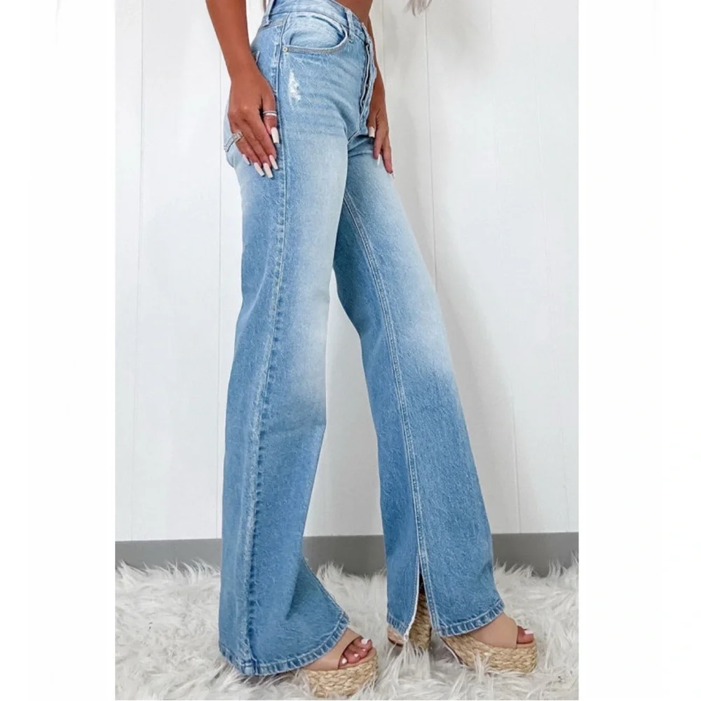 Light Blue High Rise Shift Slit Straight Leg Jeans - Picture 4 of 14